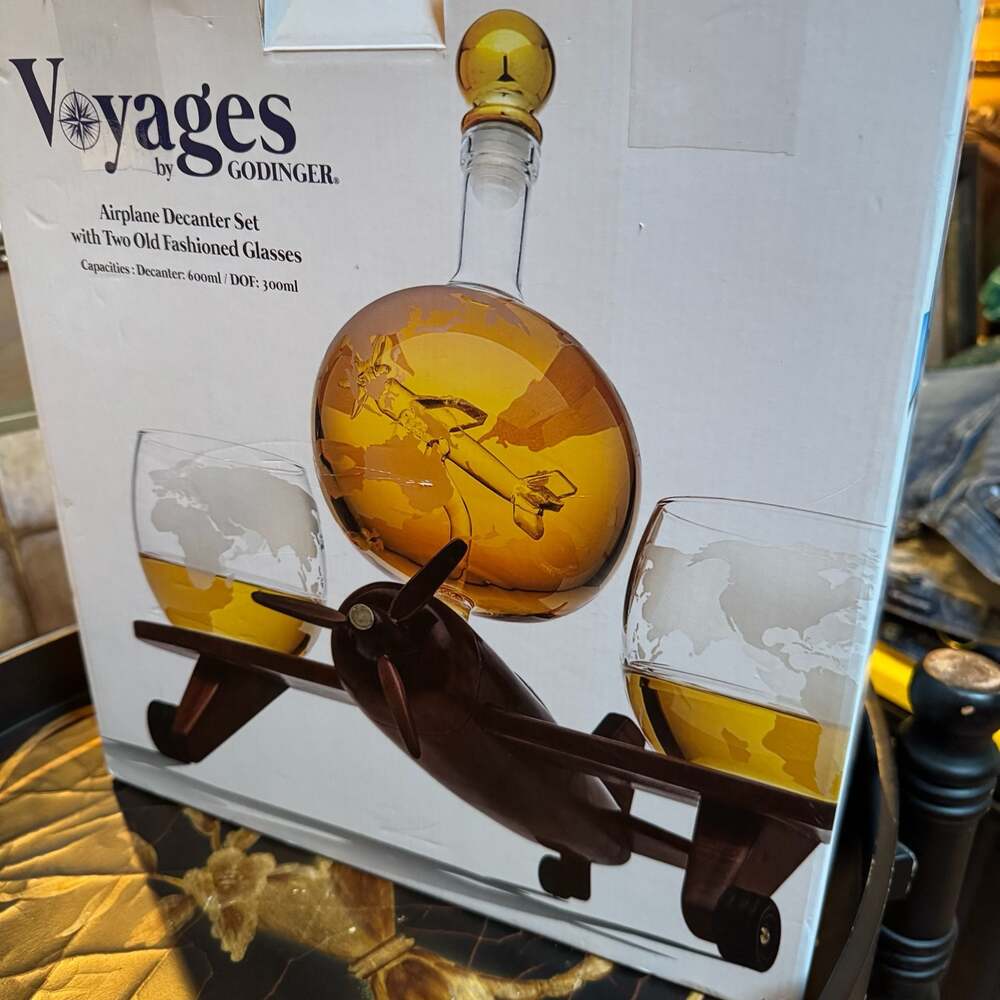 Voyages by Godinger Airplane Decanter Set with Two Old Fashioned Glasses